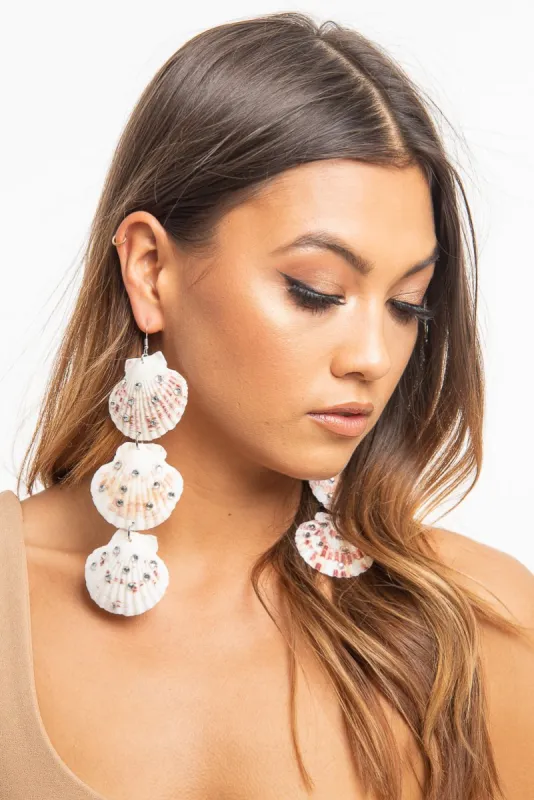 White Pink Diamante 3 Drop Shell Earrings -Amey sold by Rebellious Fashion