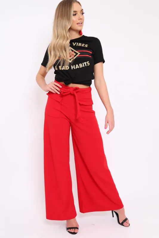 Red Wide Leg Trousers - Yari sold by Rebellious Fashion