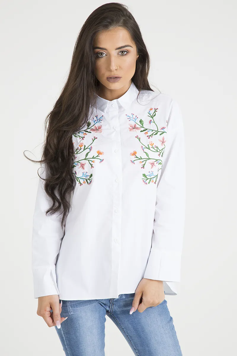 White Floral Embroidered Shirt - Lara sold by Rebellious Fashion