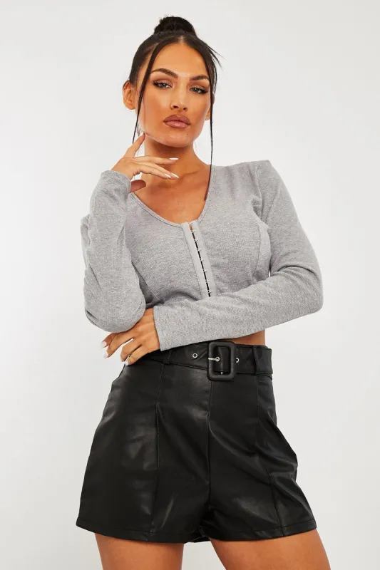 Grey Ribbed Hook Fastening Crop Top - Piper sold by Rebellious Fashion