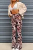 Brown Marble Print Ribbed Flare Trousers - Davia sold by Rebellious Fashion