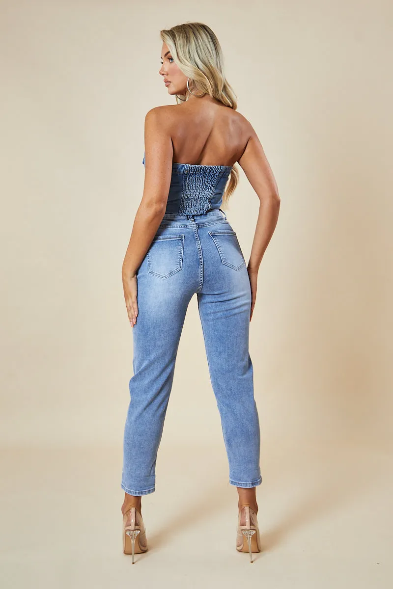 Mid Blue Denim Bandeau Button Front Crop Top - Emiko sold by Rebellious Fashion product image thumbnail 5