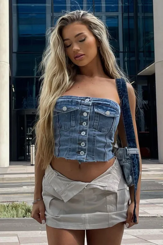 Mid Blue Denim Bandeau Button Front Crop Top - Emiko sold by Rebellious Fashion