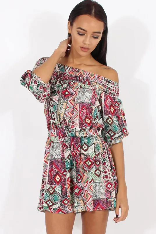 Red Printed Bardot Playsuit - Susannah sold by Rebellious Fashion