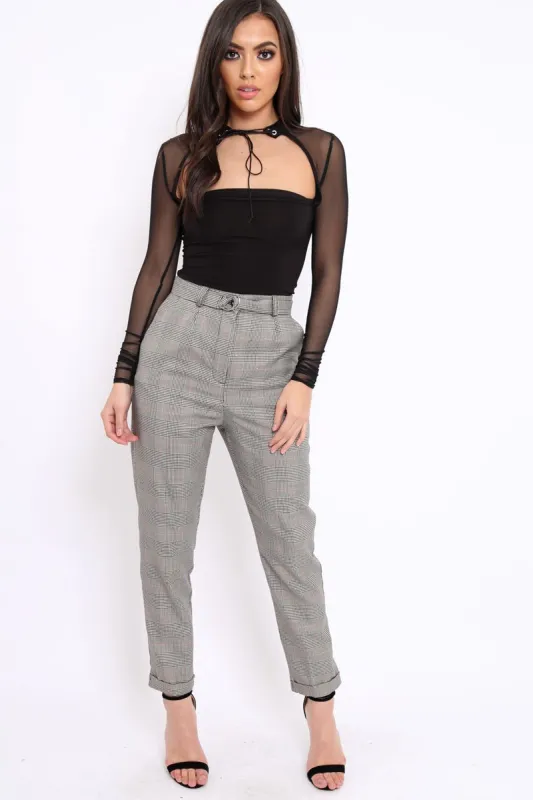 Tartan Grey and Red Ring Belted Tapered Trousers - Pamela sold by Rebellious Fashion