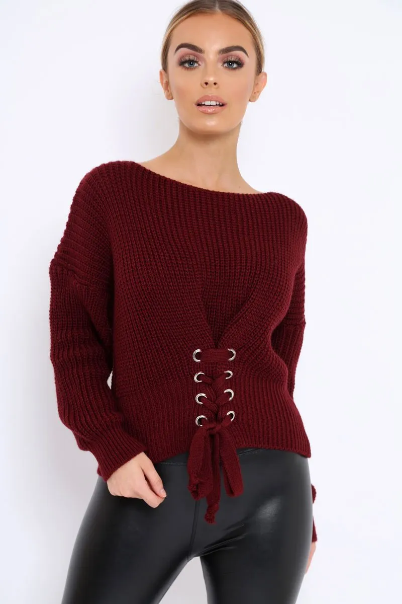 Wine Chunky Knit Corset Waist Knitted Jumper - Mikayla sold by Rebellious Fashion product image thumbnail 2