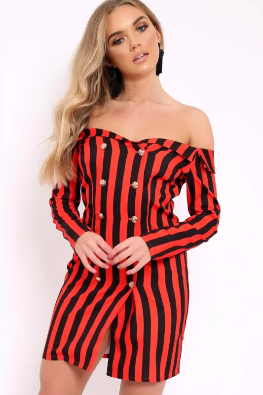 Red Stripe Button Detail Dress - Aaliyana sold by Rebellious Fashion