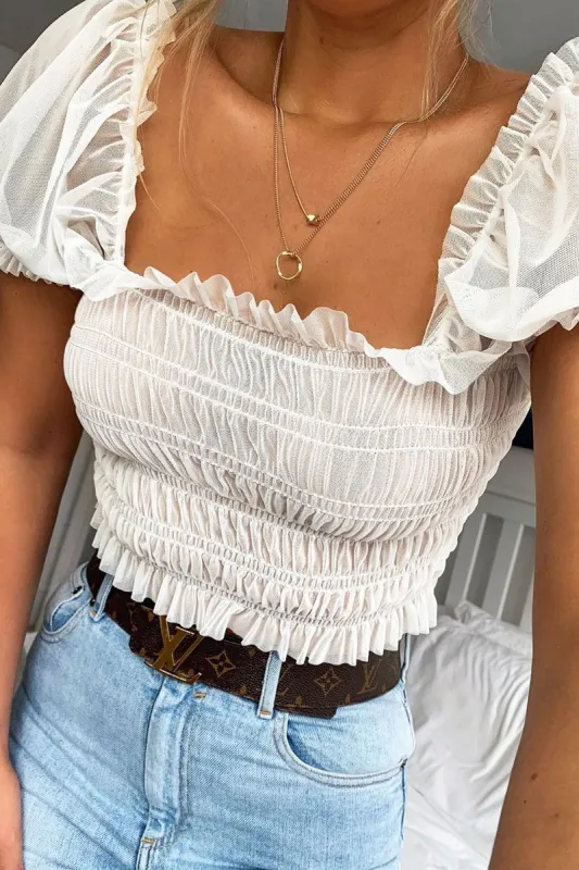 White Mesh Ruched Puff Sleeve Crop Top - Evy sold by Rebellious Fashion