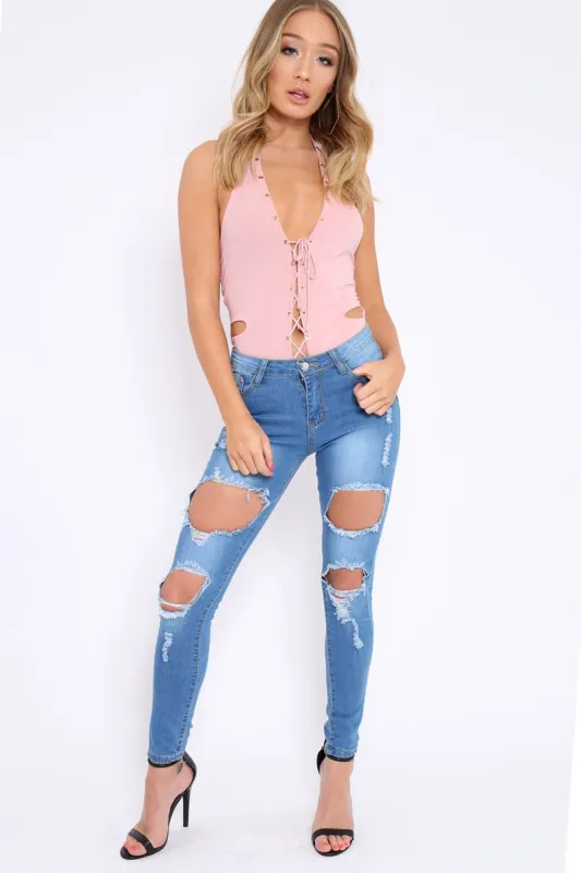 Rose Lace Up Front And Cut Out Side Bodysuit - Jaslin sold by Rebellious Fashion