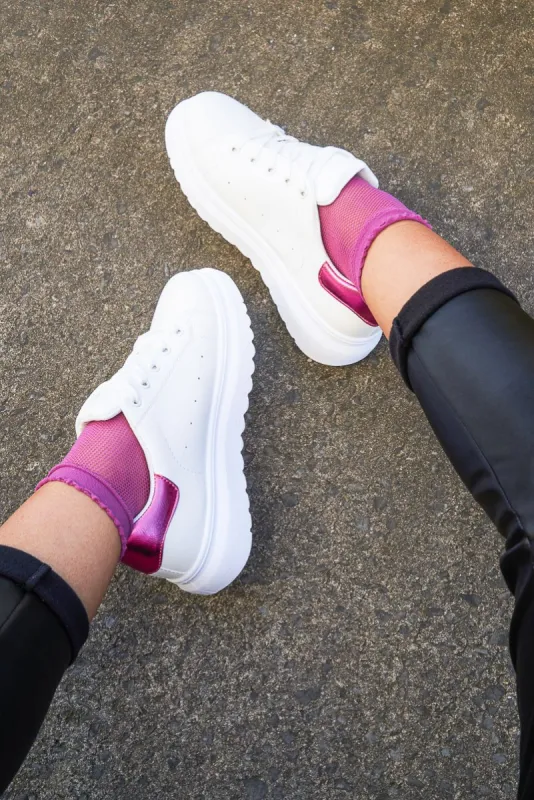 White/Pink Cleated Lace Up Trainers - Halia sold by Rebellious Fashion