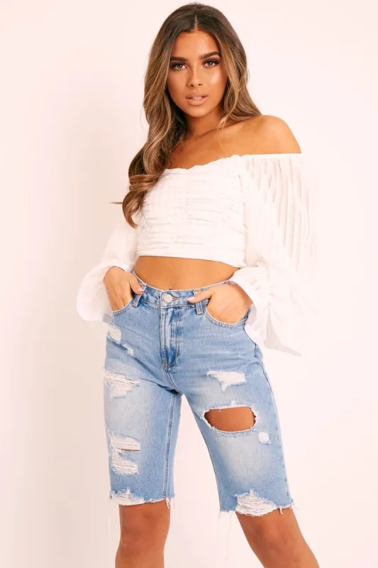 White Sheer Striped Bardot Crop Top - Ellerie sold by Rebellious Fashion
