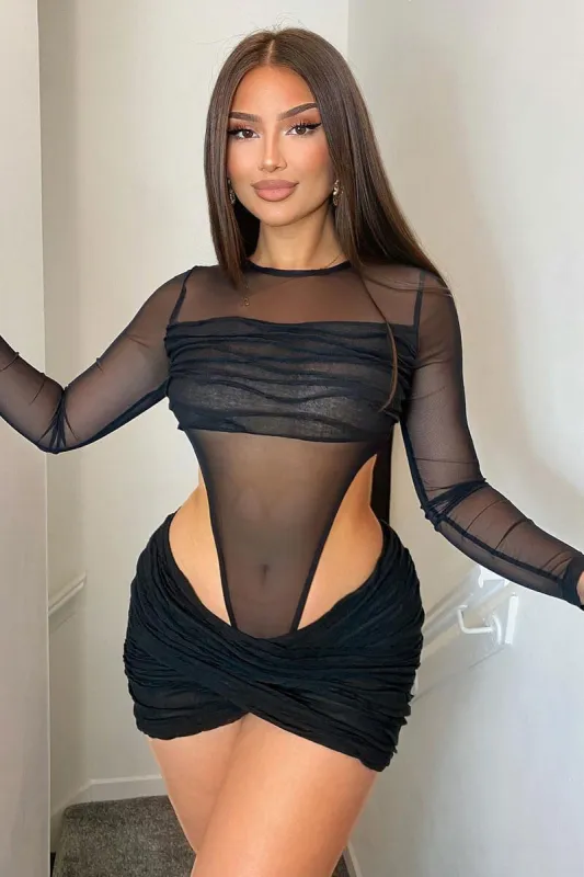 Black Knitted Mesh Bodysuit & Wrap Mini Skirt Set - Hailey sold by Rebellious Fashion