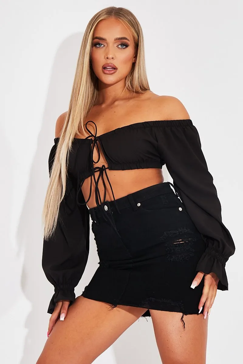 Black Bardot Puff Sleeve Tie Crop Top - Kariel sold by Rebellious Fashion product image thumbnail 5