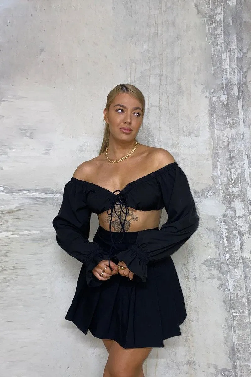 Black Bardot Puff Sleeve Tie Crop Top - Kariel sold by Rebellious Fashion product image thumbnail 4