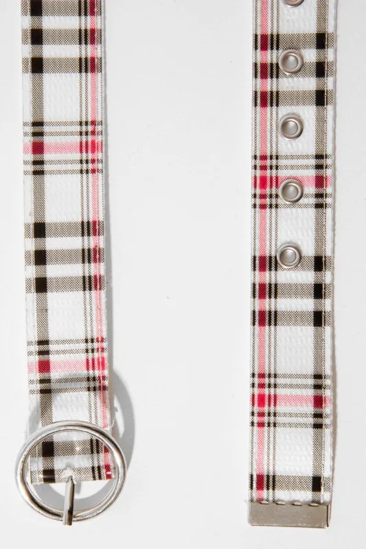 White Pink Check Woven Circle Buckle Belt - Luisa sold by Rebellious Fashion