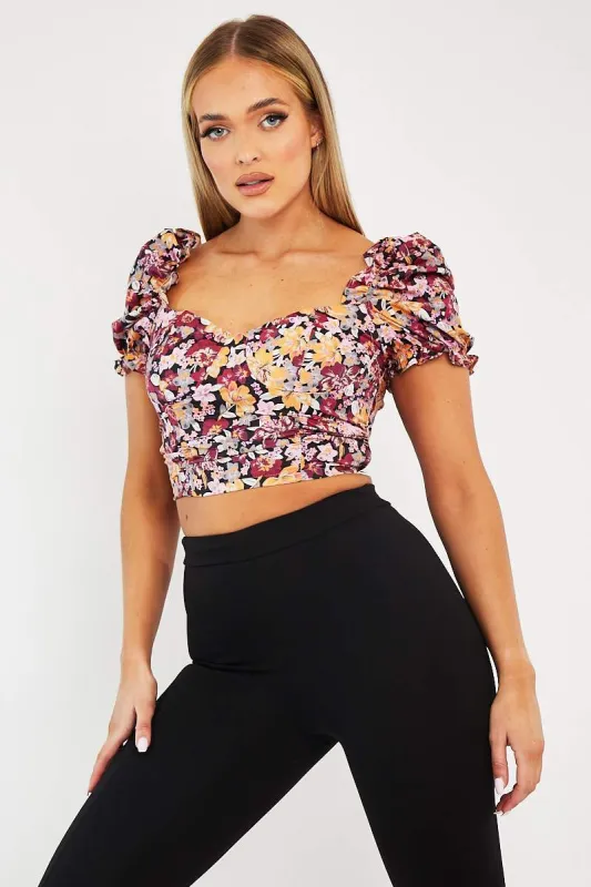 Wine Floral Puff Sleeve Crop Top - Ellorie made by Rebellious Fashion