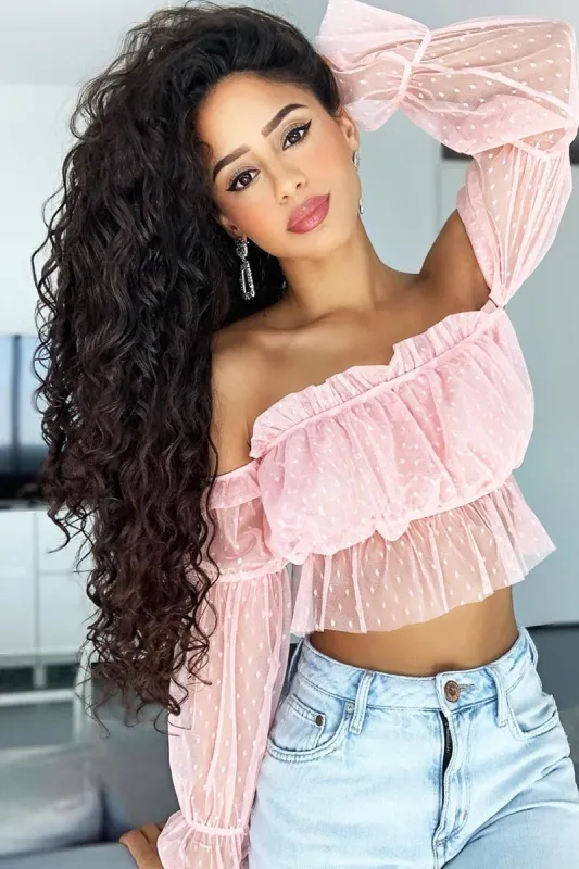 Pink Polka Mesh Ruffle Bardot Crop Top - Aagna sold by Rebellious Fashion