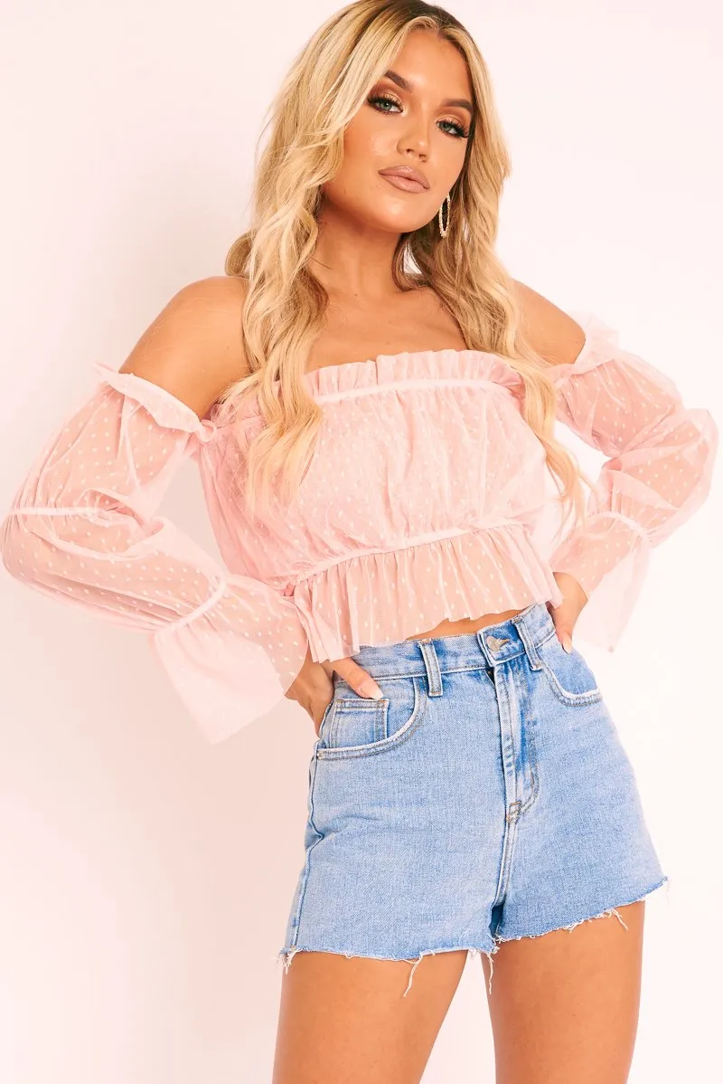 Pink Polka Mesh Ruffle Bardot Crop Top - Aagna sold by Rebellious Fashion product image thumbnail 3