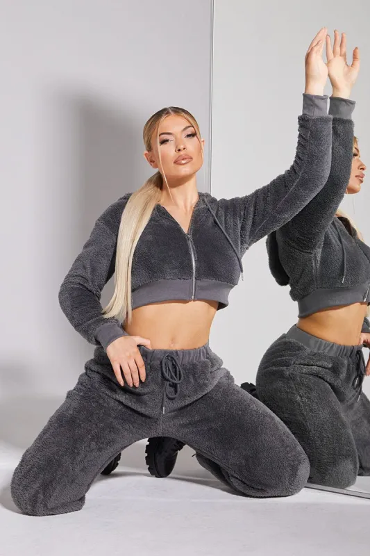 Grey Cropped Teddy Zip Up Hoodie - Cheryl sold by Rebellious Fashion