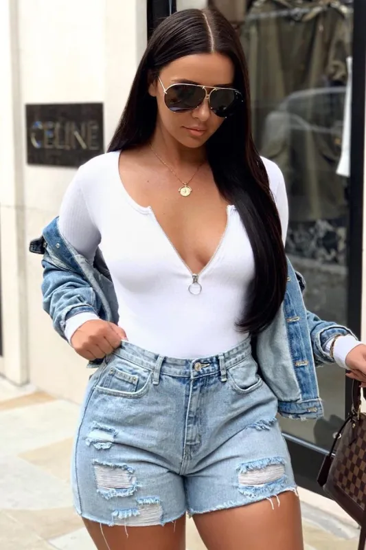 White Ribbed Ring Zip Bodysuit - Odessie sold by Rebellious Fashion