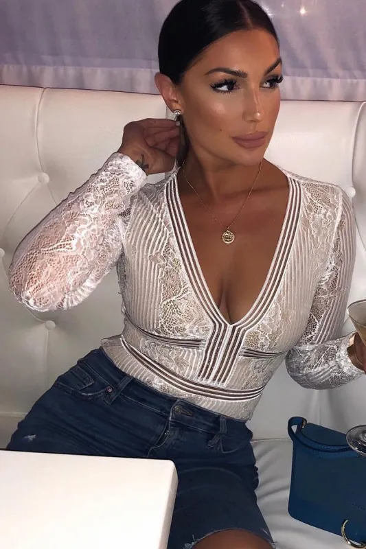 White and Nude Lace Long Sleeve Open Back Bodysuit - Ellice sold by Rebellious Fashion