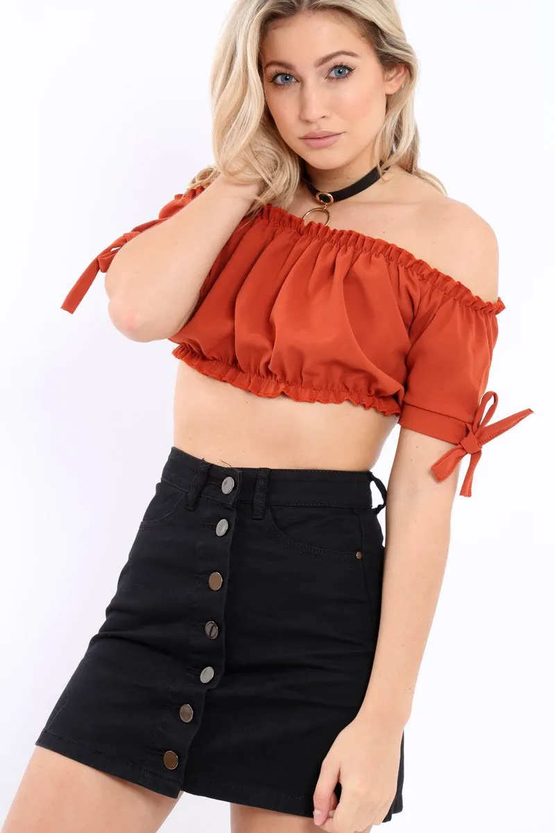 Rust Ruched Bardot Gypsy Crop Top - Janette sold by Rebellious Fashion