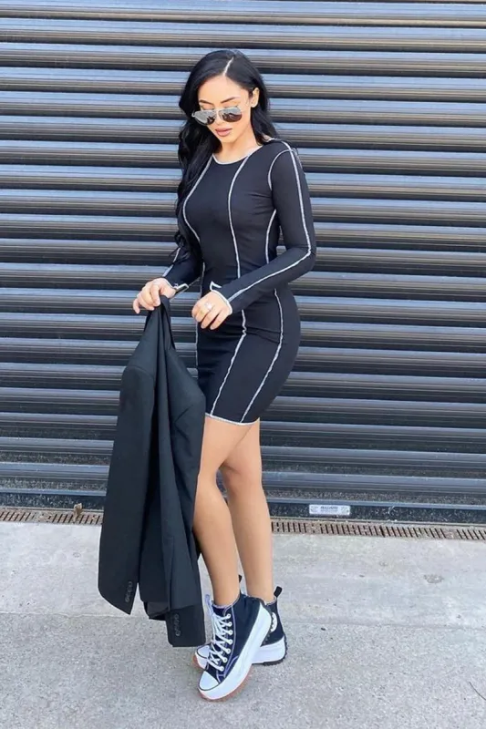 Black White Contrast Stitch Ribbed Mini Dress - Daniah sold by Rebellious Fashion