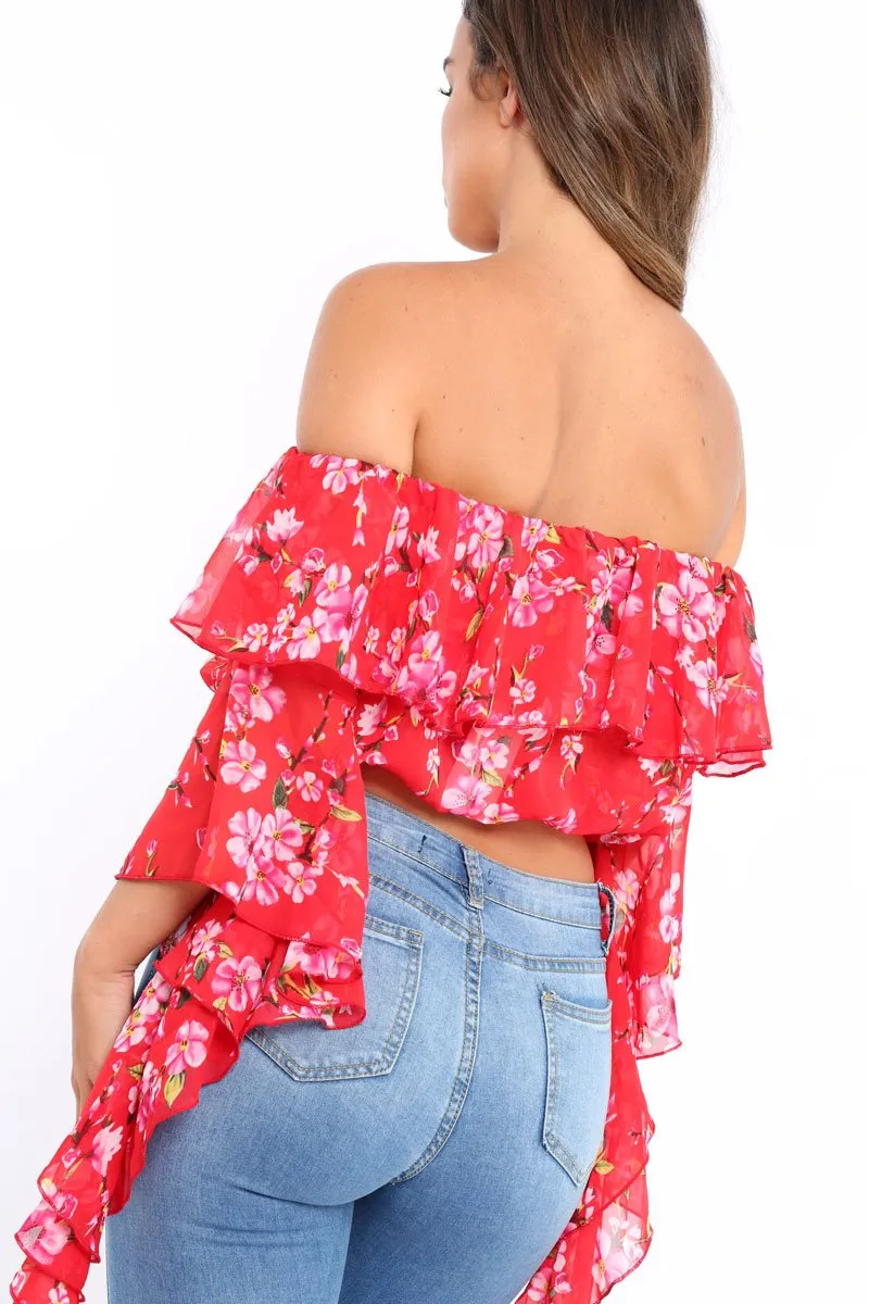 Red Floral Bardot Crop Top with Extreme Frill Sleeve - Keisha sold by Rebellious Fashion product image thumbnail 4