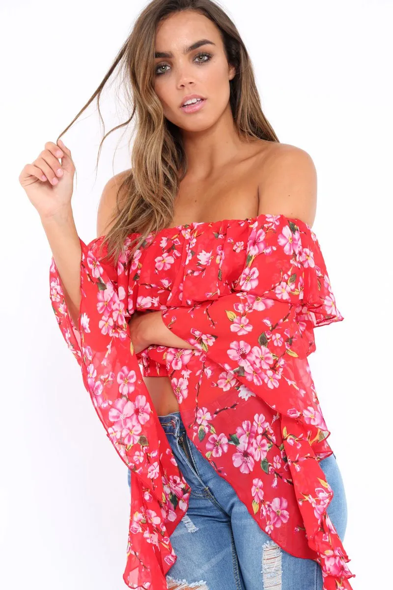 Red Floral Bardot Crop Top with Extreme Frill Sleeve - Keisha sold by Rebellious Fashion