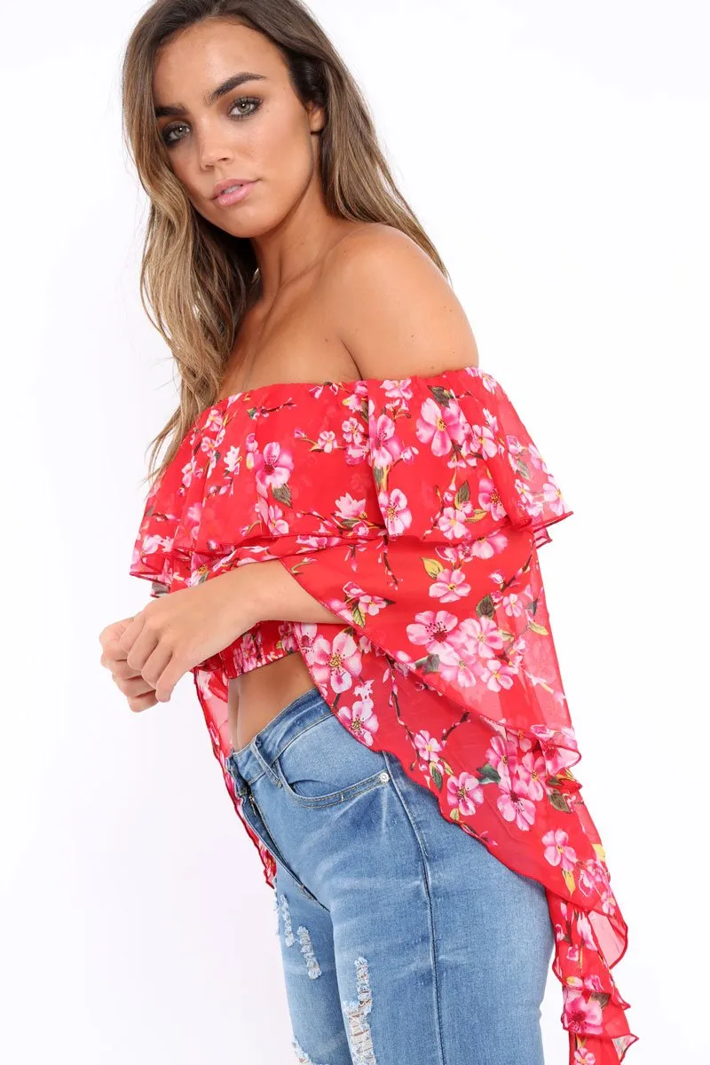 Red Floral Bardot Crop Top with Extreme Frill Sleeve - Keisha sold by Rebellious Fashion product image thumbnail 3