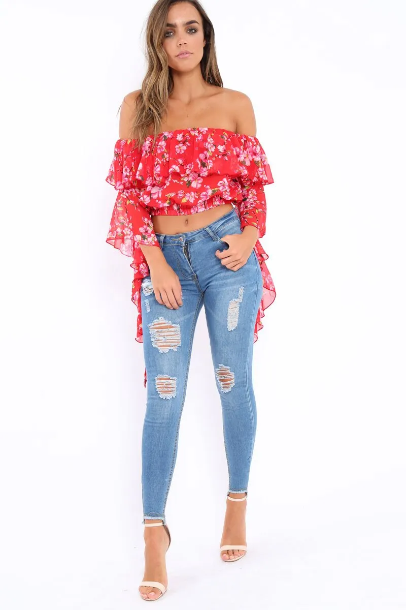 Red Floral Bardot Crop Top with Extreme Frill Sleeve - Keisha sold by Rebellious Fashion product image thumbnail 2