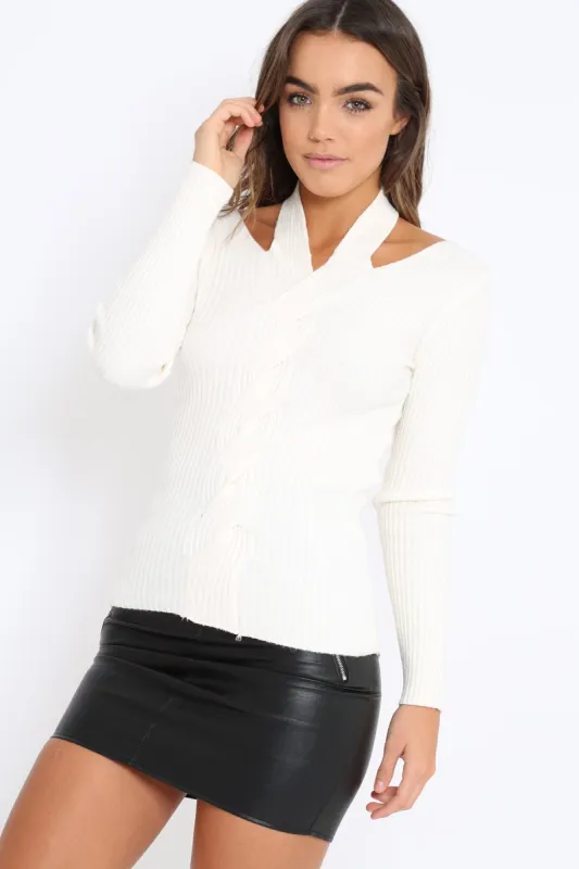 White Choker Twist Knit Jumper - Maya sold by Rebellious Fashion