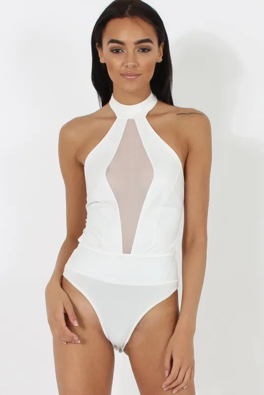 White Sheer Panel Tie Back Bodysuit- Hollie sold by Rebellious Fashion