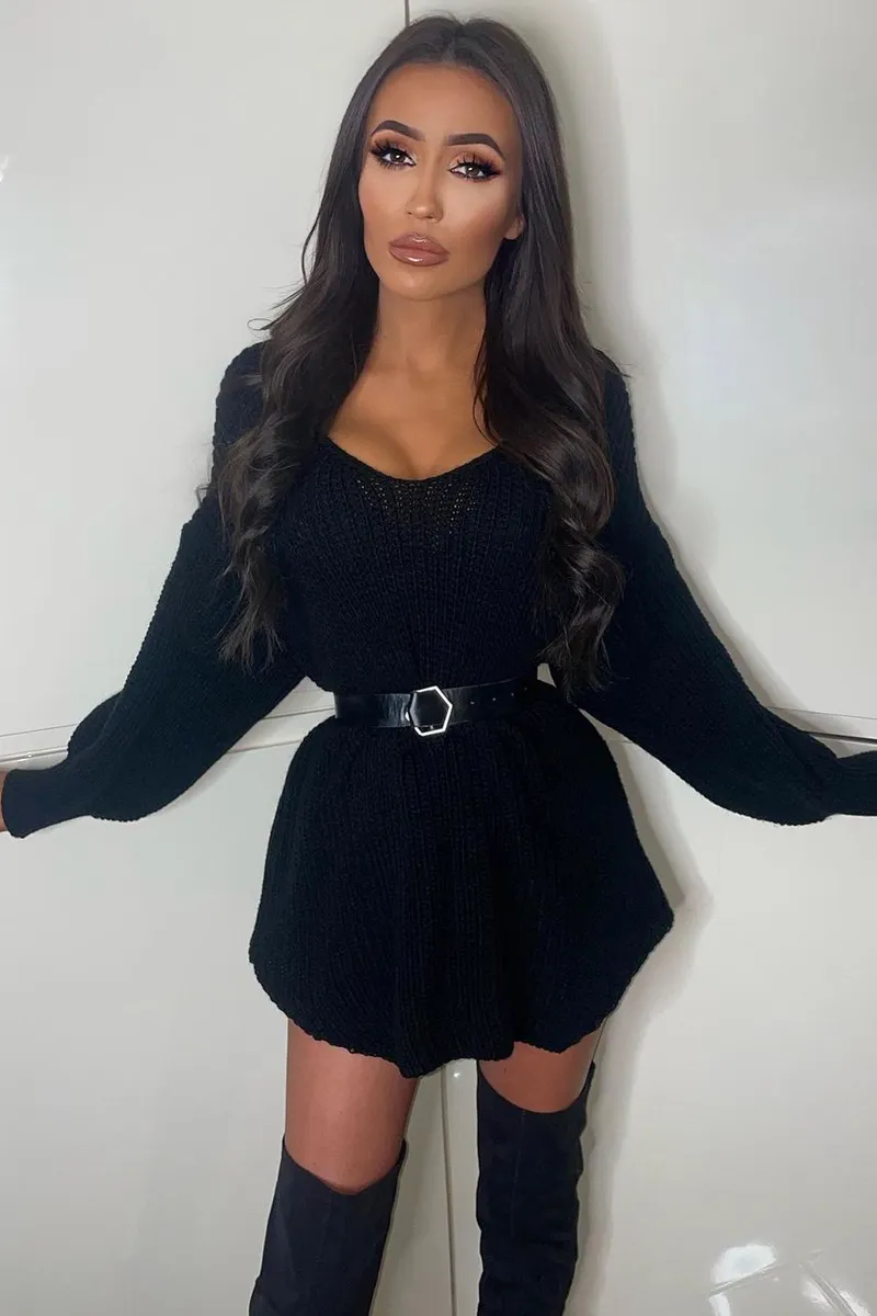 Black Oversized Knit V Neck Sweater - Evelyn sold by Rebellious Fashion