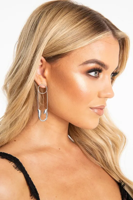 Silver Oversized Safety Pin Drop Earrings - Rossy sold by Rebellious Fashion