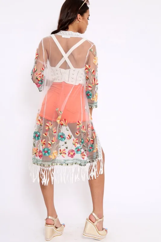 White Floral Sheer Tassel Trim kimono - Jaxon sold by Rebellious Fashion