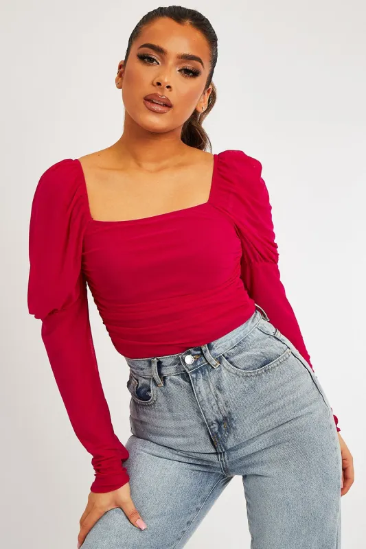 Fuchsia Ruched Body Mesh Sleeve Bodysuit - Raeya sold by Rebellious Fashion