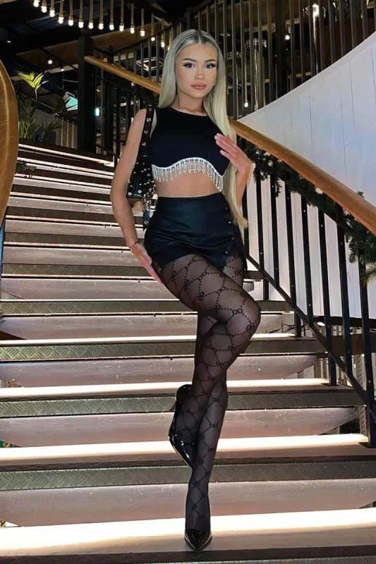 Black Rib Knit Diamante Detail Cropped Top - Jade sold by Rebellious Fashion