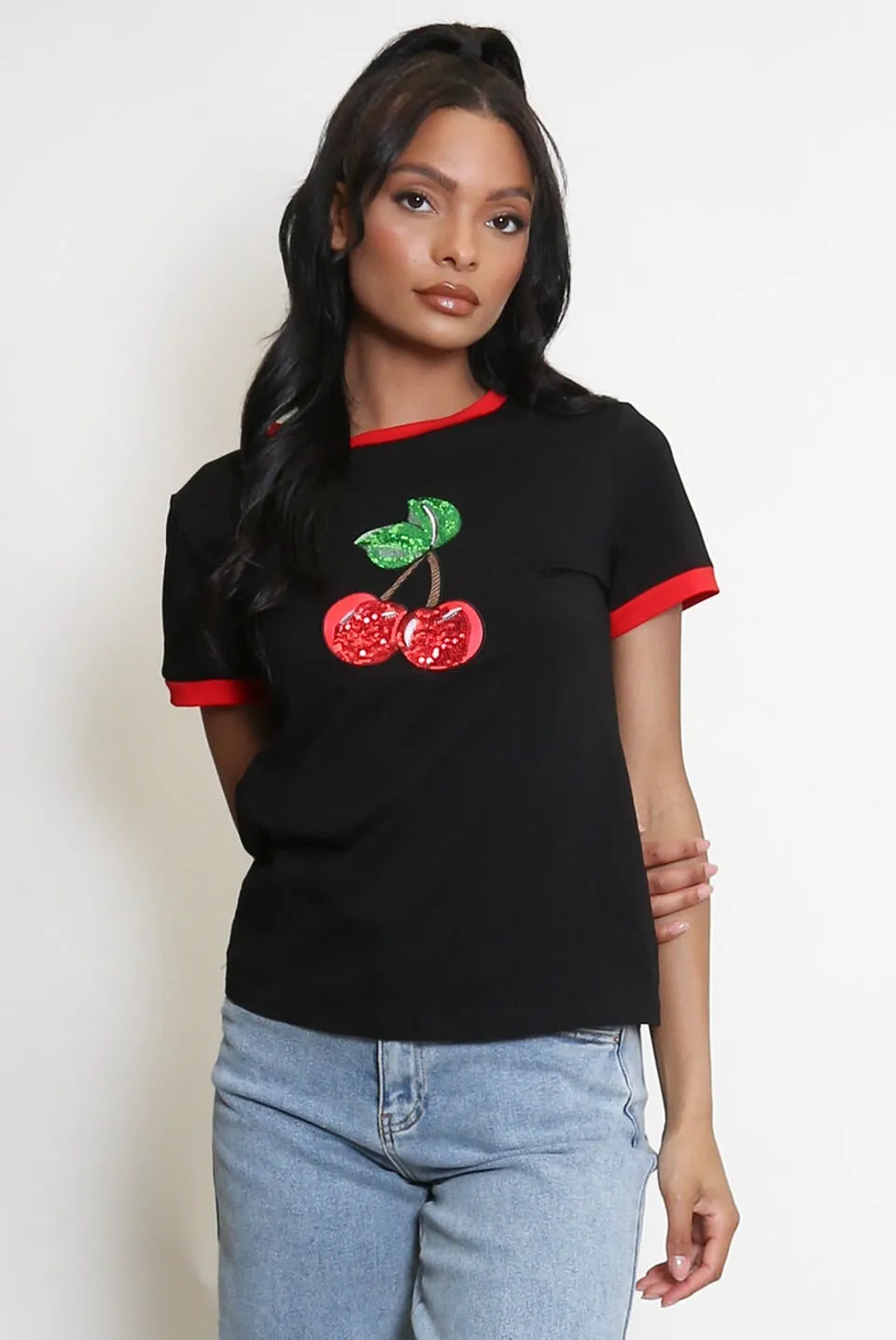 Cherry Sequin Round Neck T Shirts - Sisi sold by Storm Desire product image thumbnail 5