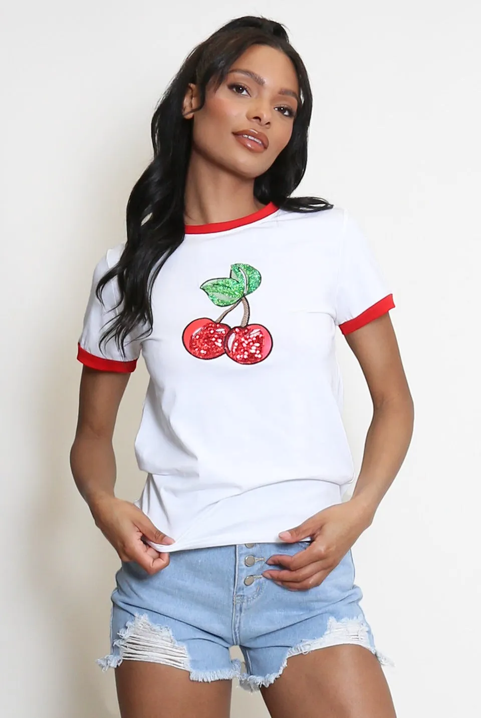 Cherry Sequin Round Neck T Shirts - Sisi sold by Storm Desire