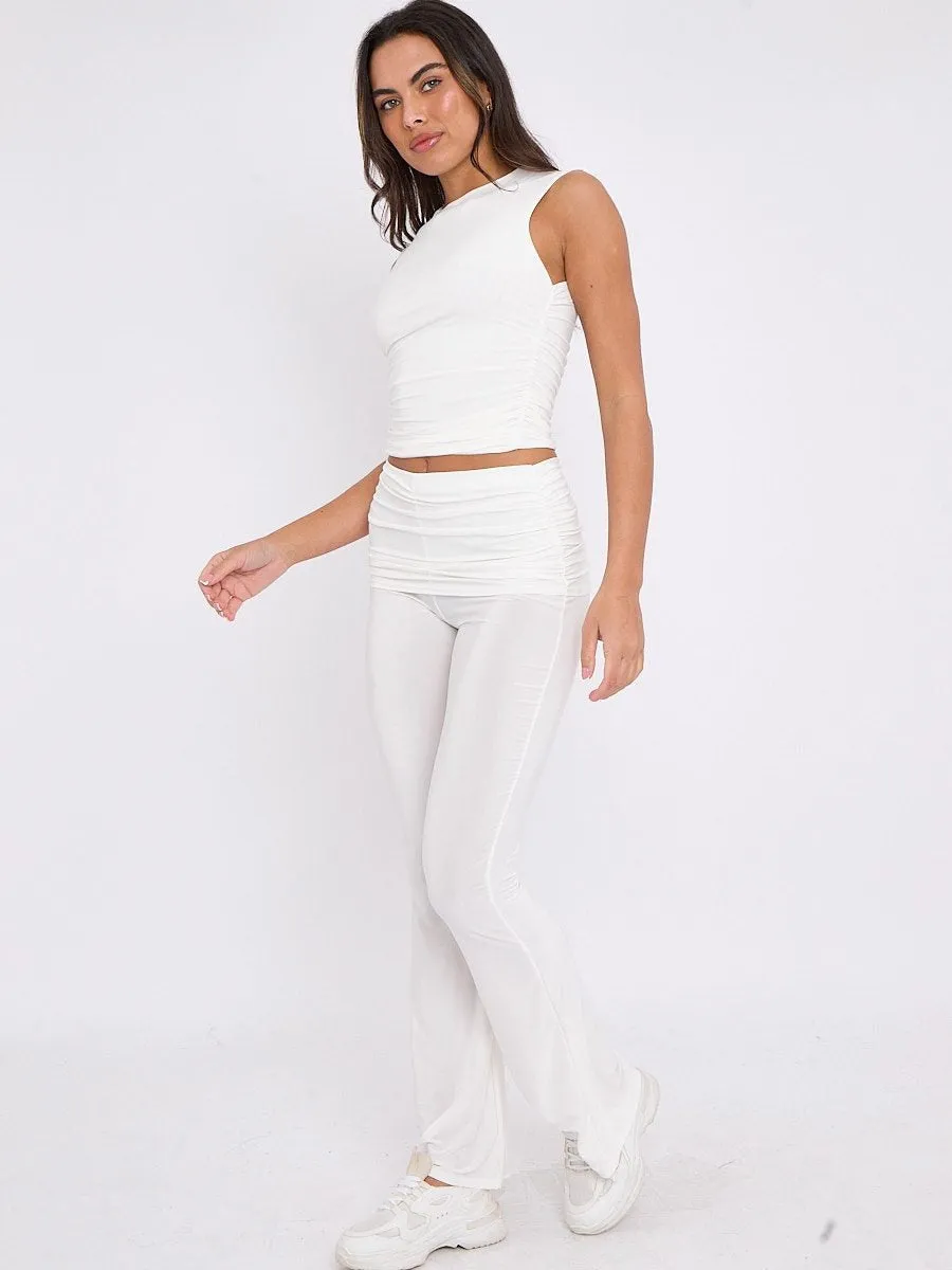Off White Ruched Crop Top & Fold Over Flared Trouser Co-ord - Juliette sold by Storm Desire