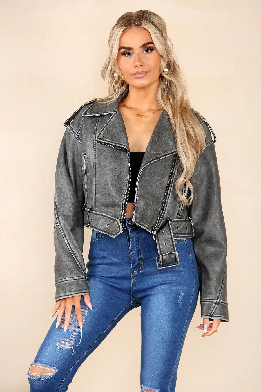 Grey Faux Leather Zipped Biker Jacket - Stormi sold by Storm Desire product image thumbnail 2