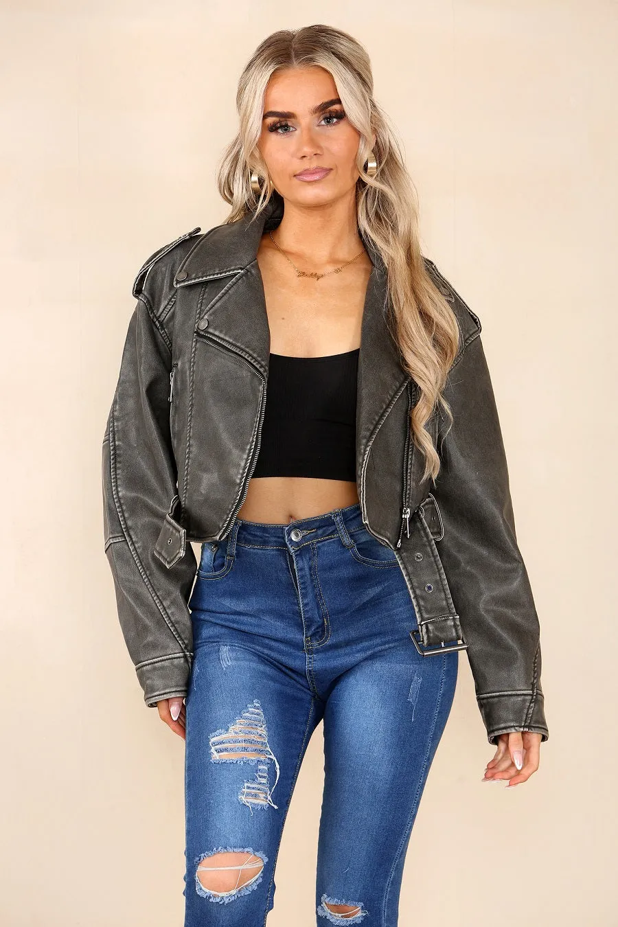 Grey Faux Leather Zipped Biker Jacket - Stormi sold by Storm Desire product image thumbnail 4