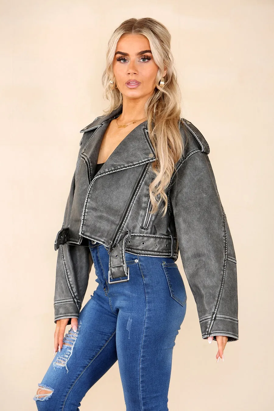 Grey Faux Leather Zipped Biker Jacket - Stormi sold by Storm Desire product image thumbnail 3