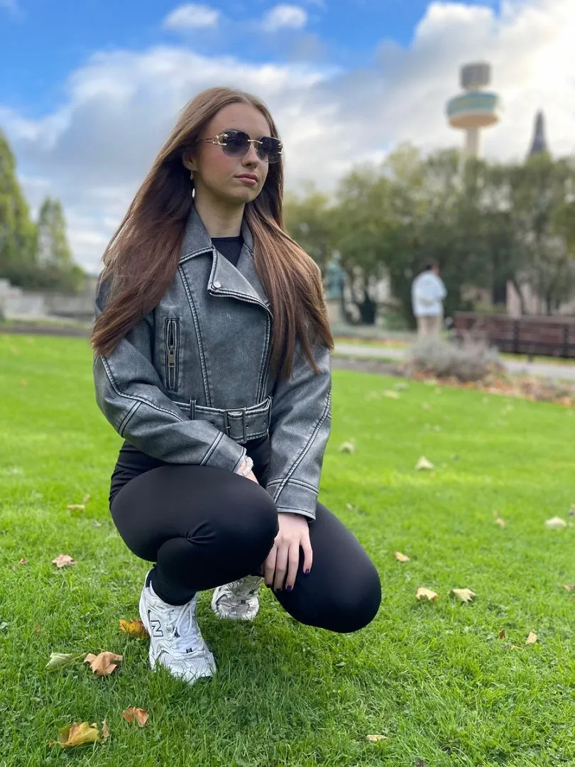 Grey Faux Leather Zipped Biker Jacket - Stormi sold by Storm Desire