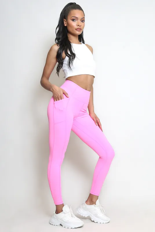 Neon Pink Side Pocket High Waist Leggings - Hazel sold by Storm Desire