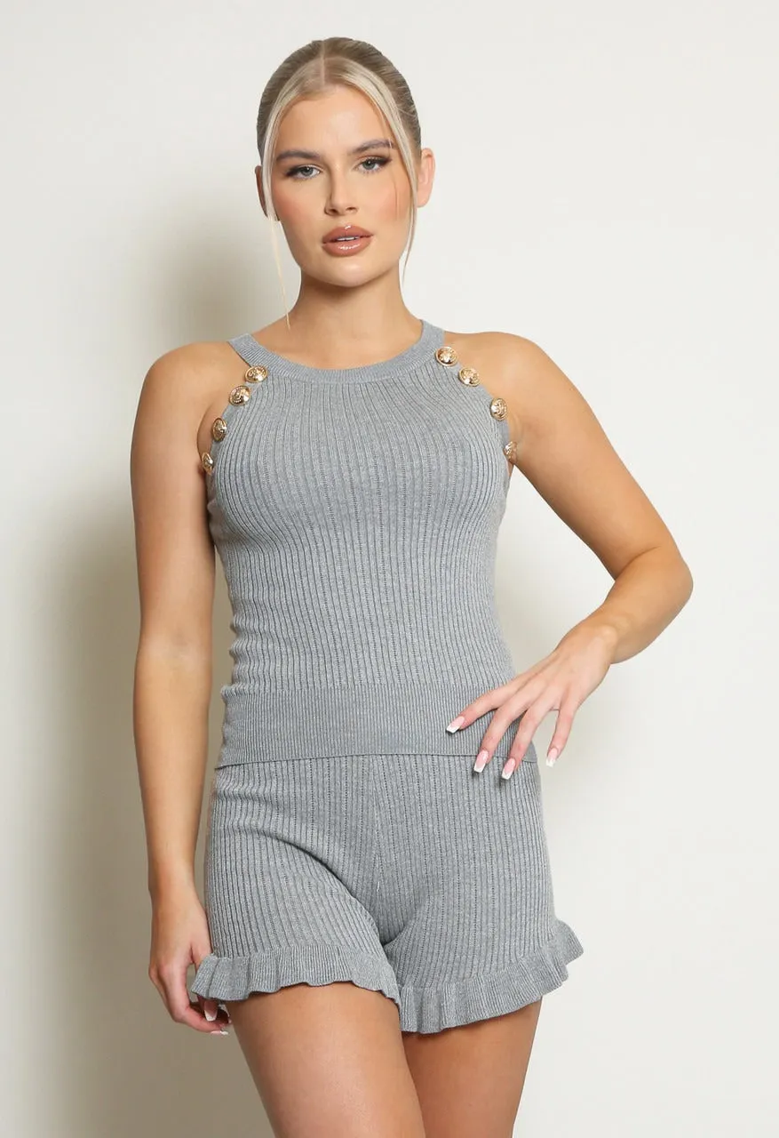 Grey Ribbed Gold Button Top & Shorts Set - Adelyn sold by Storm Desire product image thumbnail 4