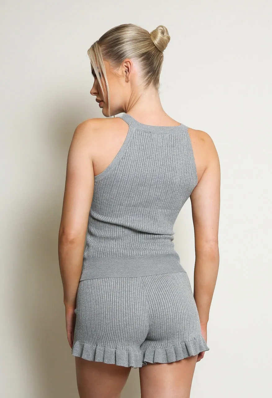 Grey Ribbed Gold Button Top & Shorts Set - Adelyn sold by Storm Desire product image thumbnail 2
