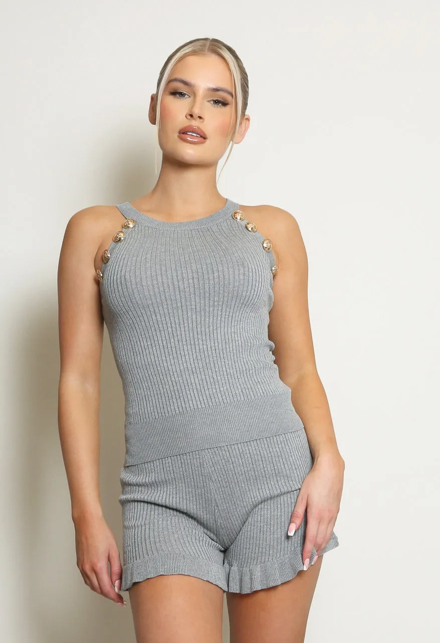 Grey Ribbed Gold Button Top & Shorts Set - Adelyn sold by Storm Desire