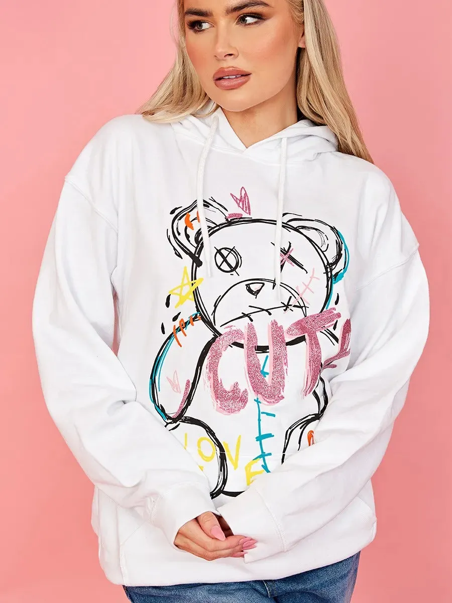 White Cute Teddy Graphic Print Hoodie - Siena sold by Storm Desire product image thumbnail 2